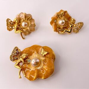 Kirks Folly Fairy Godmother Pixie Gold Tone Enameled Pearl and Crystal Set